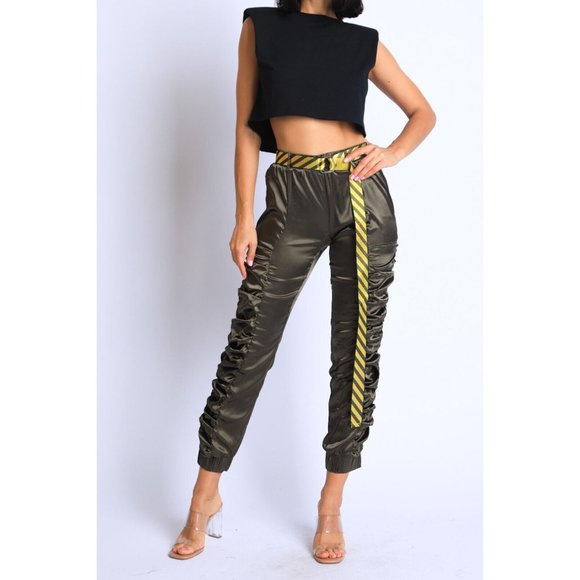 Women's Casual Satin Shirring Long Cuffed Pants With Belted Daily Outdoor Comfy - Picture 5 of 12
